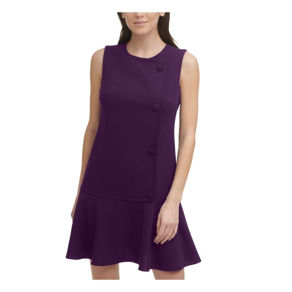 DKNY Womens Purple Fitted Faux Button Sleeveless Short Drop Waist Dress 8